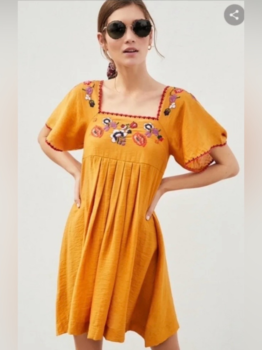 Madewell Mustard Embroidered Square-Neck Midi Dress